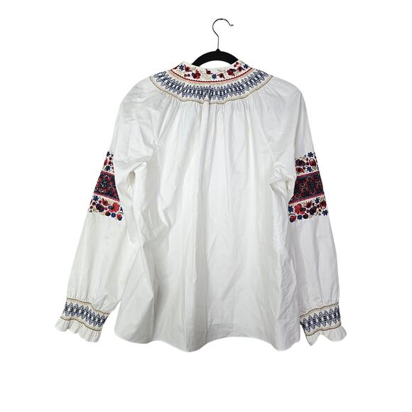 Tibi XS Cora Embroidered Tunic Top White Boho Cotton Coastal Smocked Floral - Picture 3 of 6